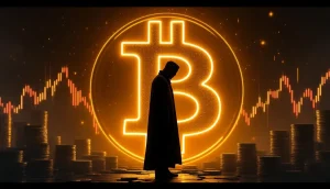 ビットコインのシンボルを見つめる謎の人物サトシ・ナカモトを表現したイラスト
