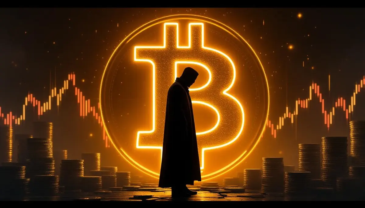 ビットコインのシンボルを見つめる謎の人物サトシ・ナカモトを表現したイラスト
