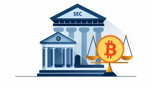 SECの建物と仮想通貨のシンボルが天秤の上で均衡を保っているイラスト
