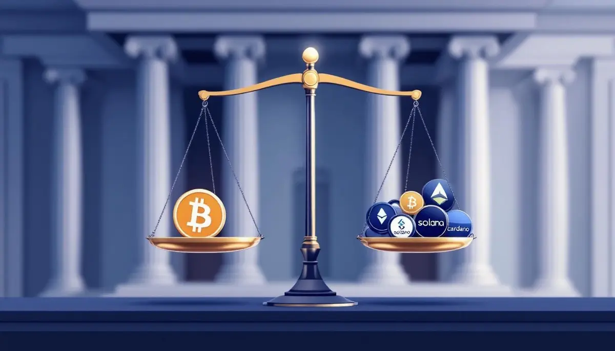 規制当局の建物内で、ビットコインと複数のアルトコインのシンボルが天秤に乗せられ、バランスを取っている様子のイラスト