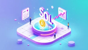 ソラナのブロックチェーンと従来の金融市場が融合する様子を示すイラスト