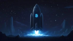 宇宙を背景にしたスペースXの宇宙船とビットコインのシンボル