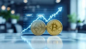 ステーブルコイン市場の成長予測を示すグラフと仮想通貨
