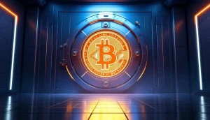 ビットコインのシンボルが描かれた未来的な金庫の扉。企業の暗号資産保有を象徴している。