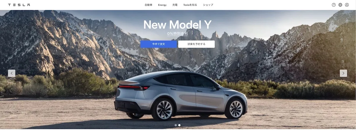 テスラの公式サイトファーストビュー