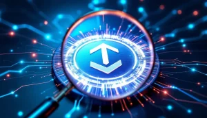 テザー（USDT）のロゴと、セキュリティと分析を象徴するデジタルのネットワーク線
