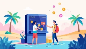タイのランドマークと仮想通貨のシンボルが描かれたイラスト
