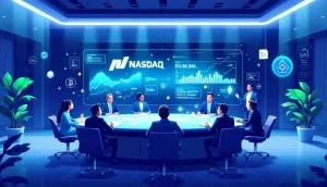 仮想通貨のロゴが表示されたスクリーンを前に、戦略会議を行う役員たち
