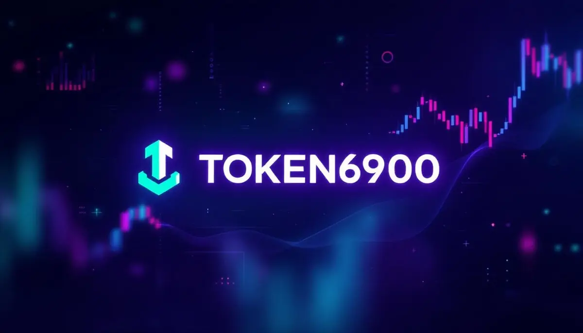 未来的な背景に浮かび上がる仮想通貨TOKEN6900のロゴ