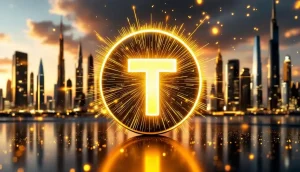 ToncoinのロゴとUAEの都市を背景にしたゴールデンビザプログラム