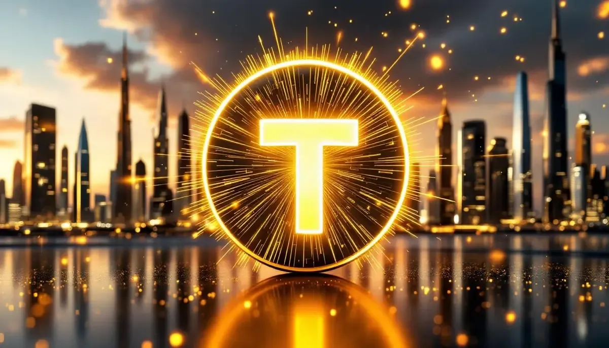 ToncoinのロゴとUAEの都市を背景にしたゴールデンビザプログラム