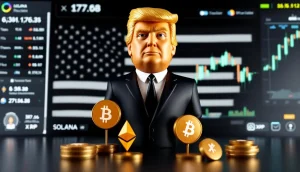 ドナルド・トランプ氏のシルエットと、ビットコインやソラナなどの仮想通貨シンボルが並んだ画像