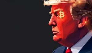 トランプ氏のシルエットとビットコインのシンボルを組み合わせたグラフィック