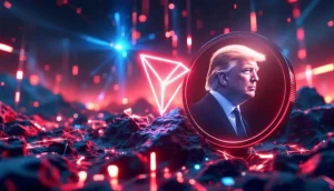 トランプミームコインとトロンネットワークのロゴがデジタル空間で接続されている様子