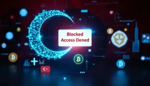 トルコの国旗とブロックされたことを示す画面の前に仮想通貨のシンボルが並ぶ