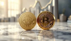 銀行のロゴとビットコインのシンボル