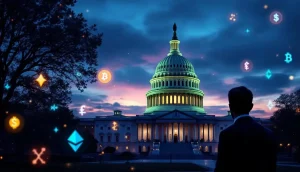 米国の仮想通貨規制法案を象徴する議会議事堂と仮想通貨のシンボル
