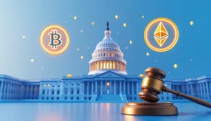 米国の国会議事堂と仮想通貨のシンボル。仮想通貨の法整備を象徴する画像。