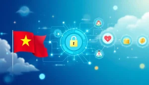 ベトナムの国旗とブロックチェーンネットワークを組み合わせたグラフィック。国家主導のデジタルインフラを象徴する。