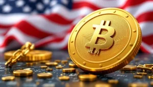 アメリカ国旗を背景にした、WLFIトークン