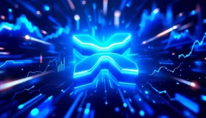 XRPのロゴが未来的な青い光を放ち、背景には金融チャートが描かれている。アルトコイン市場の成長を象徴する画像。