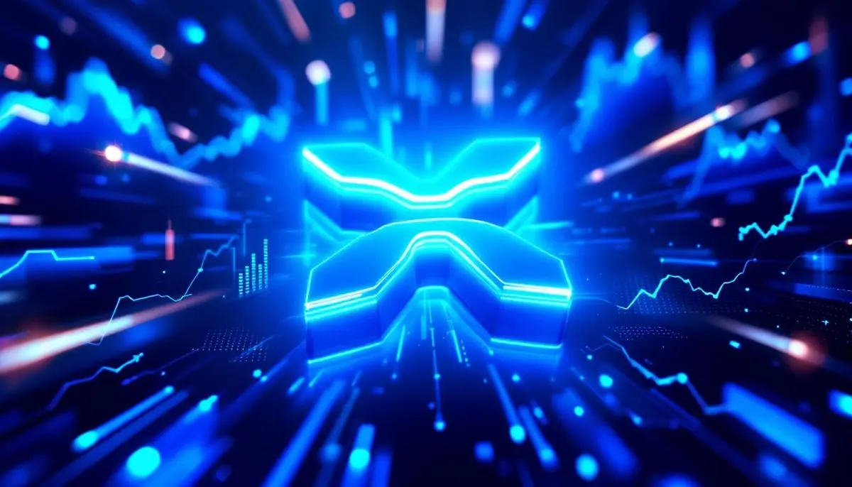 XRPのロゴが未来的な青い光を放ち、背景には金融チャートが描かれている。アルトコイン市場の成長を象徴する画像。