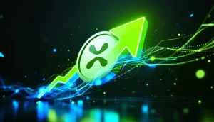 急騰するXRPのシンボルと上昇を示すグラフ