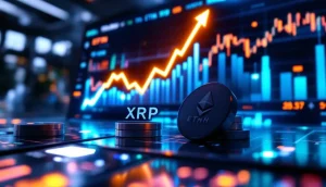 リップル（XRP）とイーサリアム（ETH）のロゴが対峙する抽象的なイラスト。仮想通貨のおすすめ銘柄を象徴する。