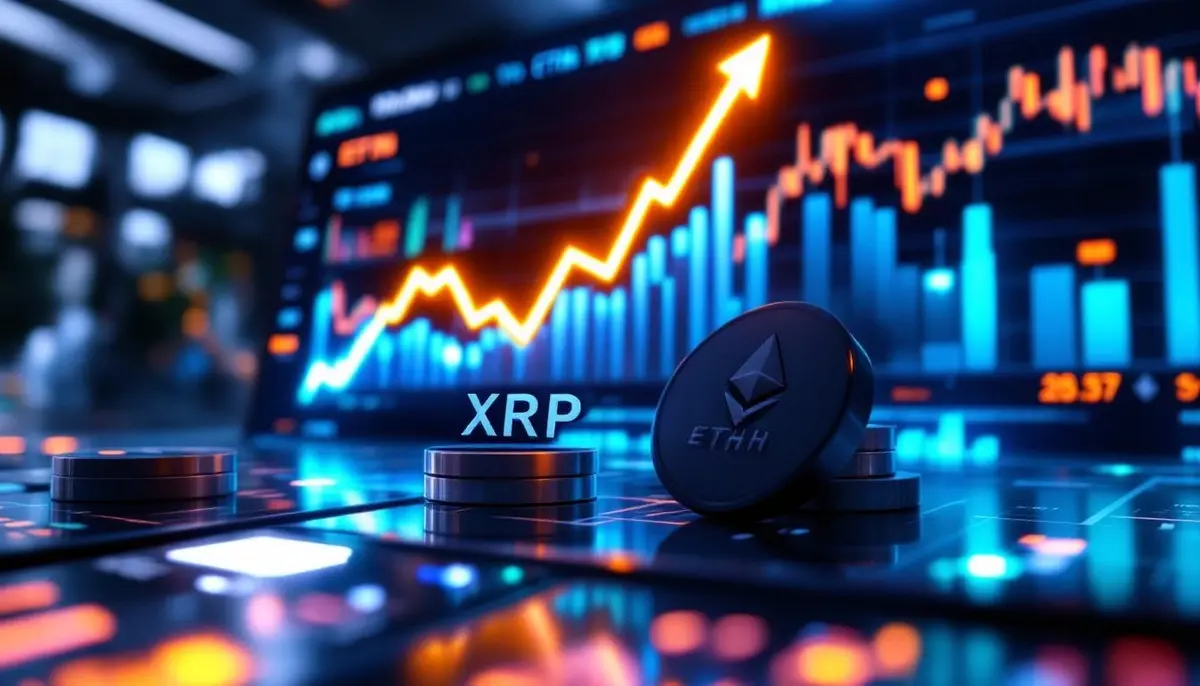 リップル（XRP）とイーサリアム（ETH）のロゴが対峙する抽象的なイラスト。仮想通貨のおすすめ銘柄を象徴する。