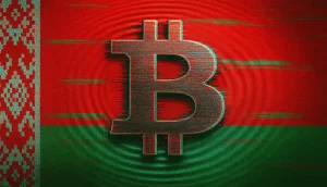 ベラルーシの国旗とビットコインシンボル