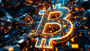 ビットコインが史上最高値に迫る様子を象徴する未来的なデジタルアート
