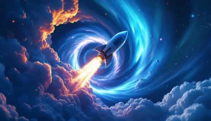 宇宙へ向かうロケットとビットコインを象徴する未来的なイラスト