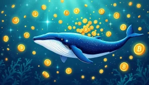ビットコインやイーサリアムなどの仮想通貨が浮かぶデジタル空間を泳ぐクジラのイラスト