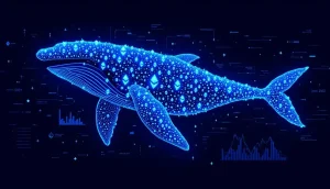 イーサリアムのシンボルで構成されたクジラがデジタル空間を泳ぐイラスト
