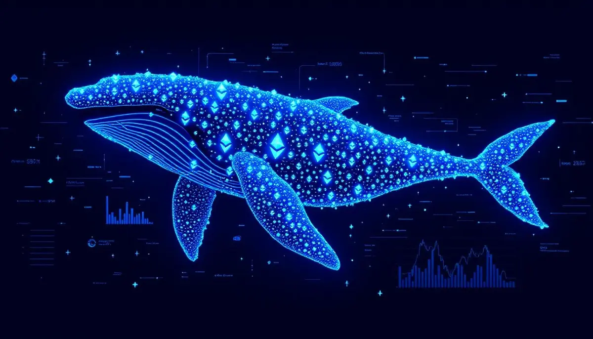 イーサリアムのシンボルで構成されたクジラがデジタル空間を泳ぐイラスト