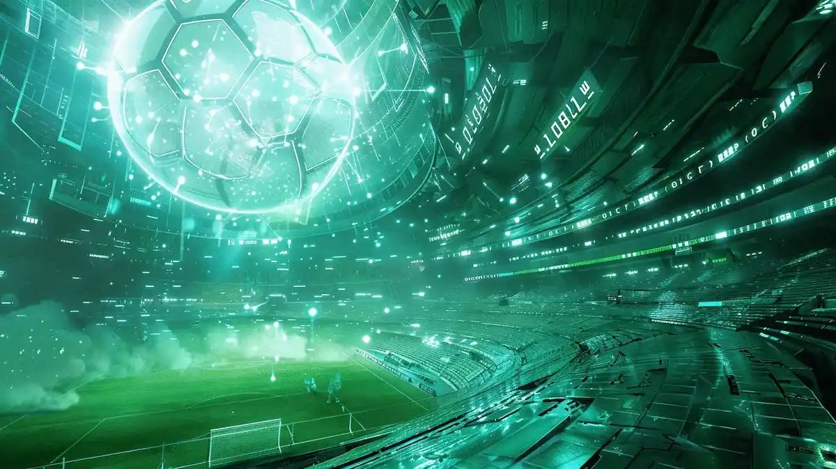 緑色のサッカースタジアムで真ん中でサッカーボールが光っている