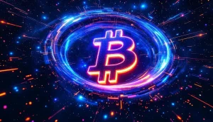 ビットコインを中心に渦巻く銀河のイラスト。ギャラクシー・デジタルのビットコイン保有量拡大を象徴