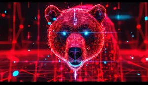 デジタルコードで構成された熊がハッキングを象徴する、サイバー攻撃をテーマにした抽象的な画像