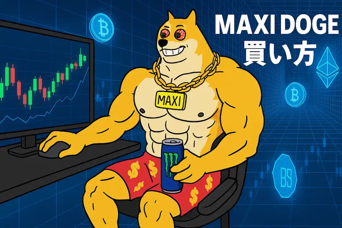 Maxi dogeの買い方のテキストと共に、トレーディングをしている犬キャラクター