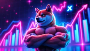 急騰するチャートの前でポーズをとる筋肉質な柴犬、ミームコインMaxi Dogeを表現