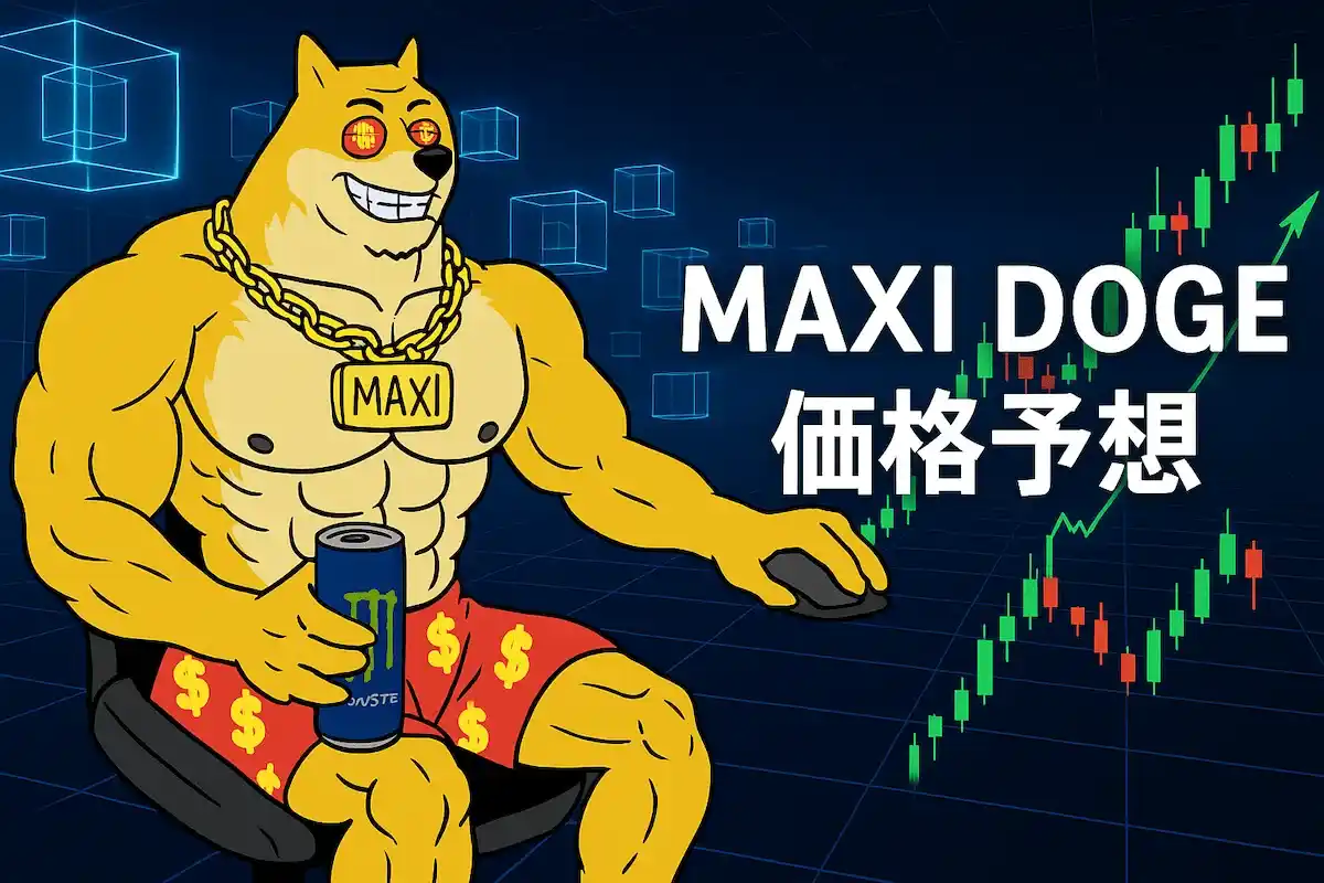 Maxi Dogeの価格予想のテキストと共に、トレーディングしている犬キャラクター