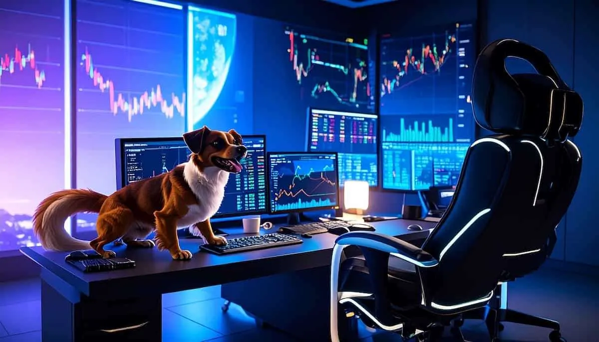 maxi dogeの犬のキャラクターがトレーディングデスクで立っている