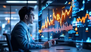 ビットコインのチャートが上昇するホログラムディスプレイを見つめる日本人