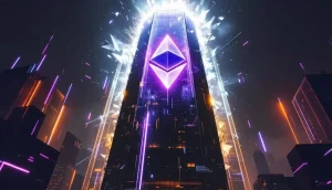 イーサリアムのロゴに変化する高層ビル。シャープリンク社のイーサリアムへの戦略的転換を象徴している。
