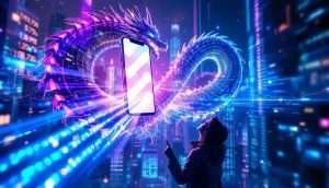 Web3スマートフォン「Seeker」がサイバーパンクな都市を飛翔するイメージ。ソラナエコシステムの拡大を象徴している。
