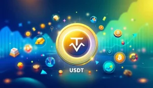 ステーブルコインUSDTのロゴを中心に、米国債や金、ビットコインなどの多様な準備資産が描かれたイラスト