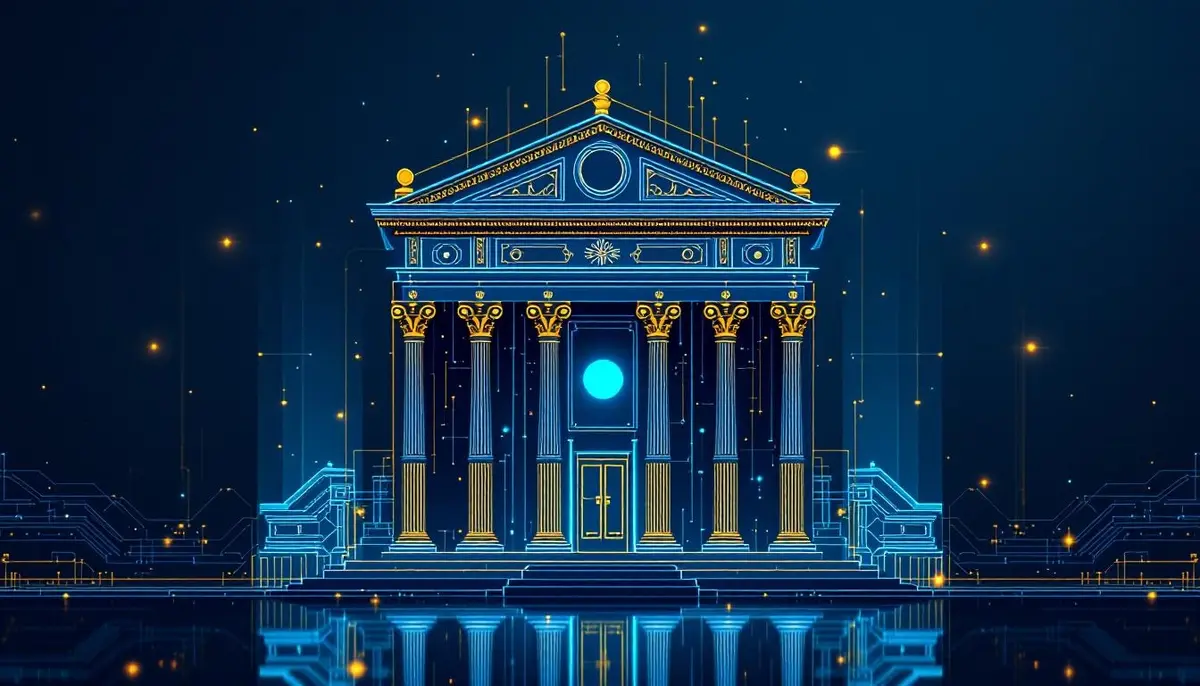 伝統的な銀行の建物とデジタルなブロックチェーンネットワークが融合