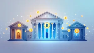 伝統的な金融の象徴から、ブロックチェーンのネットワークへ移行する様子を描いた抽象的なイラスト。