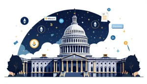 米国議会議事堂と仮想通貨のシンボル