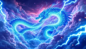 XRPの価格高騰を象徴する、天に昇る青い龍の未来的なイラスト